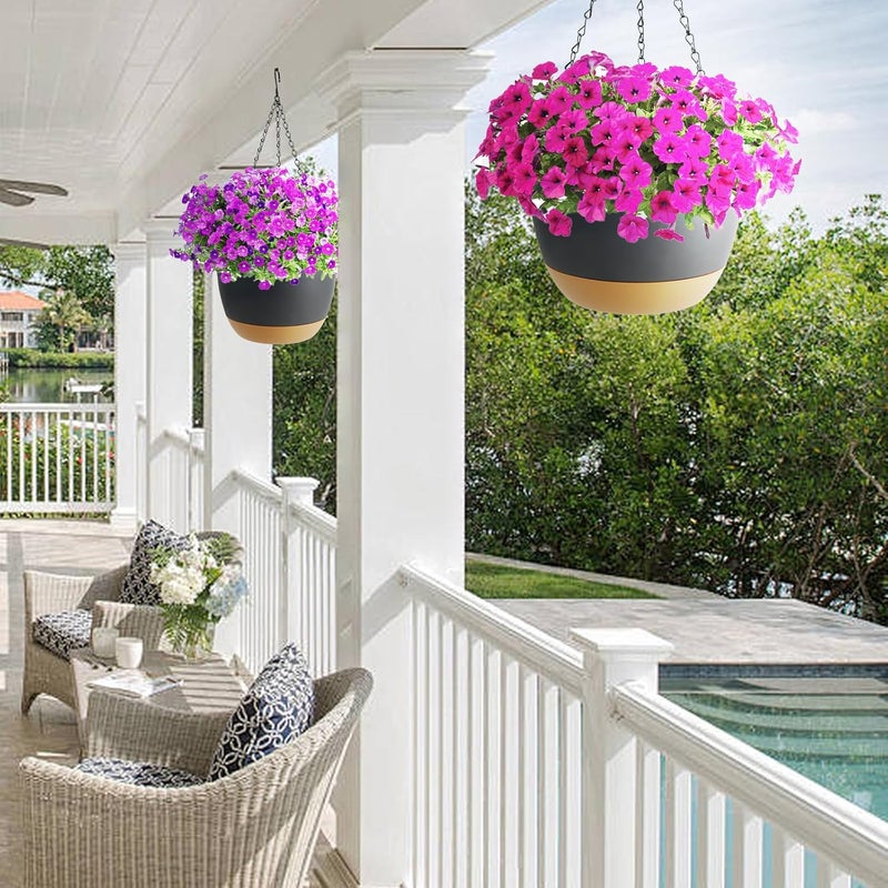 Koalaime 2 Pack Hanging Planters Set,10 Inch Indoor Outdoor Hanging Plant Pot Basket,Hanging Flower Pot with Drainage Hole with 3 Hooks for Garden Home… (Black Hanger Black Planters) - Image 5